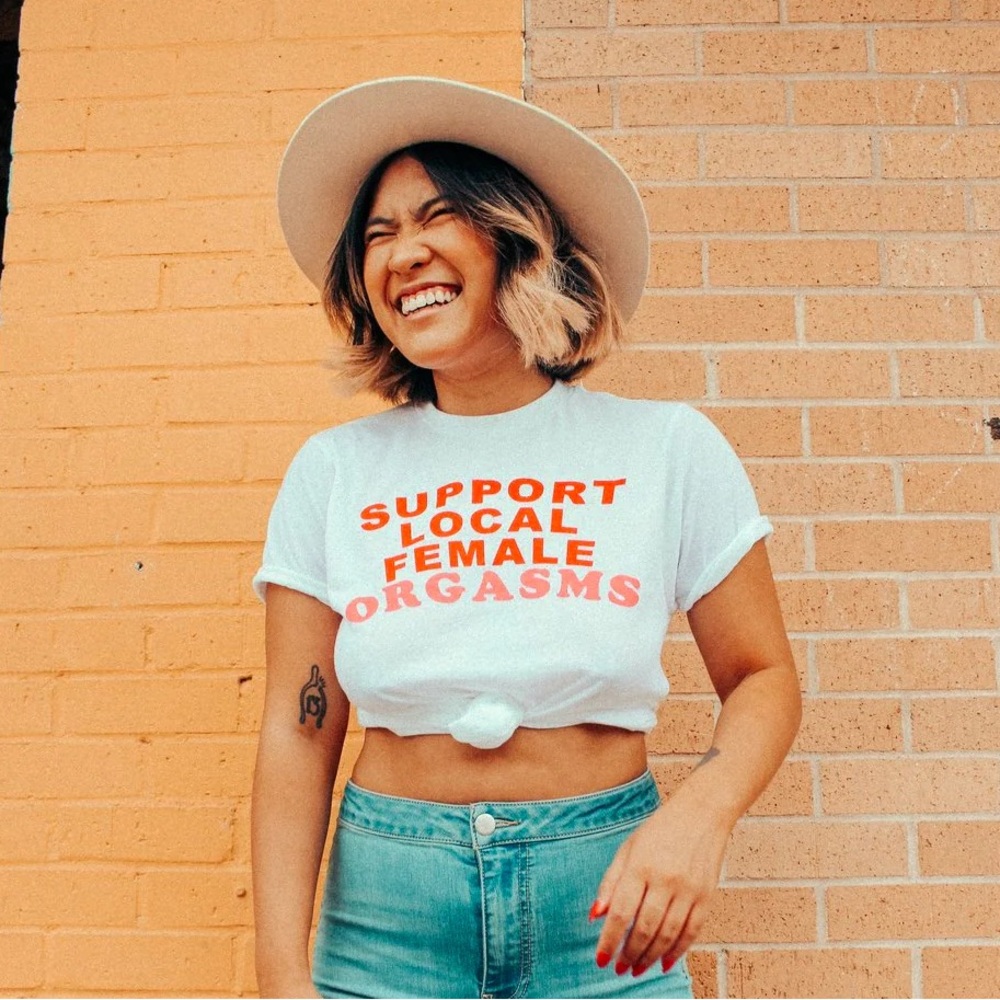 "Support local female orgasms" tee, size unisex small